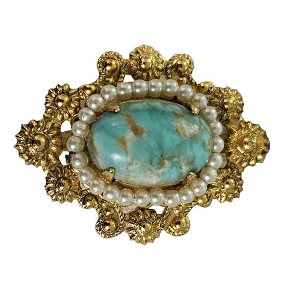 Gold Tone Mottled Blue Oval Glass Faux Pearl Oval Vintage Filigree Brooch L213 - Picture 1 of 9